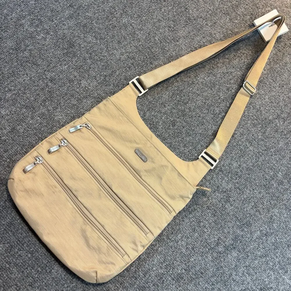 Baggallini Tan Nylon Multi Zipper Pocket Crossbody Travel Bag Lightweight Purse